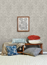 Adavu Grey by Chesapeake Unpasted Non Woven Damask Wallpaper, Paste the Wall, Washable Strippable – Brewster Home Fashions 4148-27439-Sample