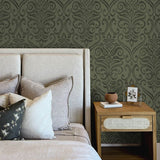 Adavu Dark Green by Chesapeake Damask Wallpaper- Brewster Home Fashions 4148-27440