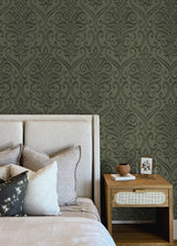 Adavu Dark Green by Chesapeake Unpasted Non Woven Damask Wallpaper - Brewster Home Fashions 4148-27440-Sample