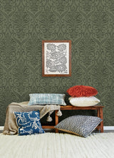 Adavu Dark Green by Chesapeake Unpasted Non Woven Damask Wallpaper - Brewster Home Fashions 4148-27440-Sample
