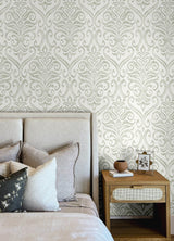 Adavu Sage by Chesapeake Traditional Raised Ink Damask Unpasted Non Woven Wallpaper Paste the Wall - Brewster Home Fashions 4148-27441-Sample