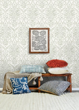 Adavu Sage by Chesapeake Traditional Raised Ink Damask Unpasted Non Woven Wallpaper Paste the Wall - Brewster Home Fashions 4148-27441-Sample