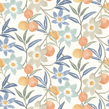 Passiflora Blue Fruit and Floral Wallpaper by Chesapeake shown in pattern and room scenes