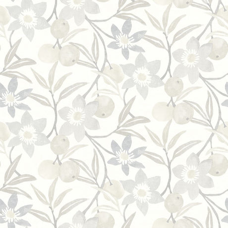 Passiflora Grey fruit and floral wallpaper by Chesapeake, non woven, 20.5 in x 33 ft roll