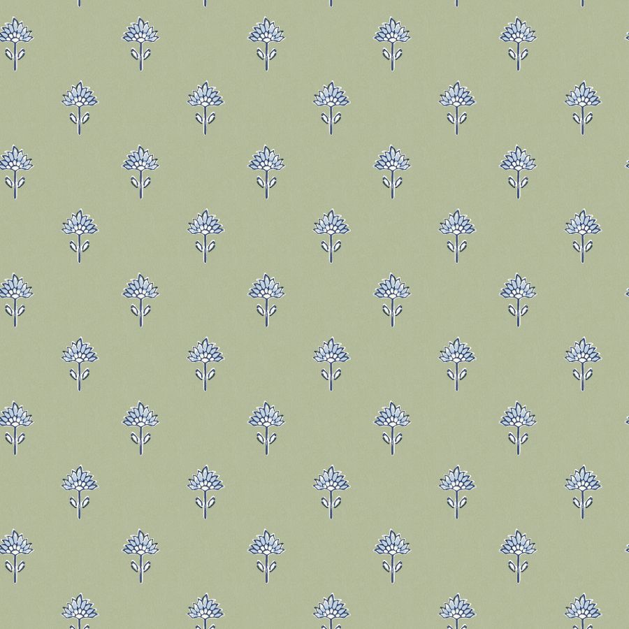 Surdiva Green Floral Fan wallpaper by Chesapeake with small blue floral medallions on a spring green ground