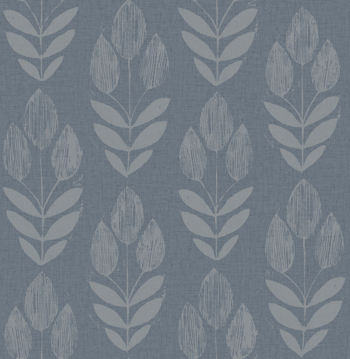 Garland Denim Block Tulip Wallpaper by Chesapeake with stylized tulip print on denim blue