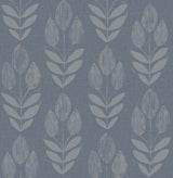 Garland Denim Block Tulip Wallpaper by Chesapeake with stylized tulip print on denim blue
