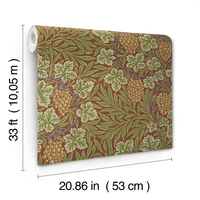 Vine Ruby Woodland Fruits Wallpaper with Botanical Traditional Motif - Brewster 4153-82018