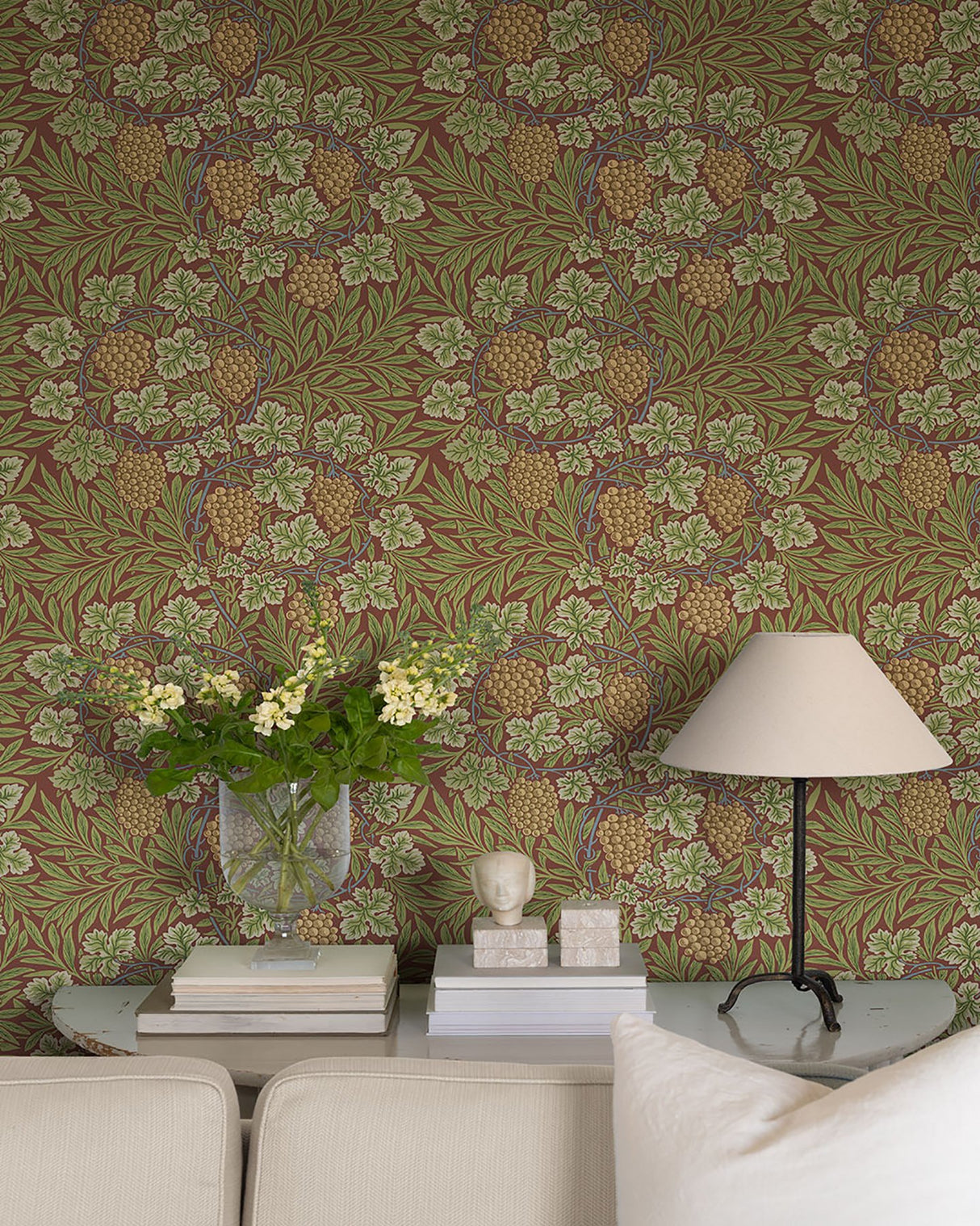 Vine Ruby Woodland Fruits Wallpaper with Botanical Traditional Motif - Brewster 4153-82018