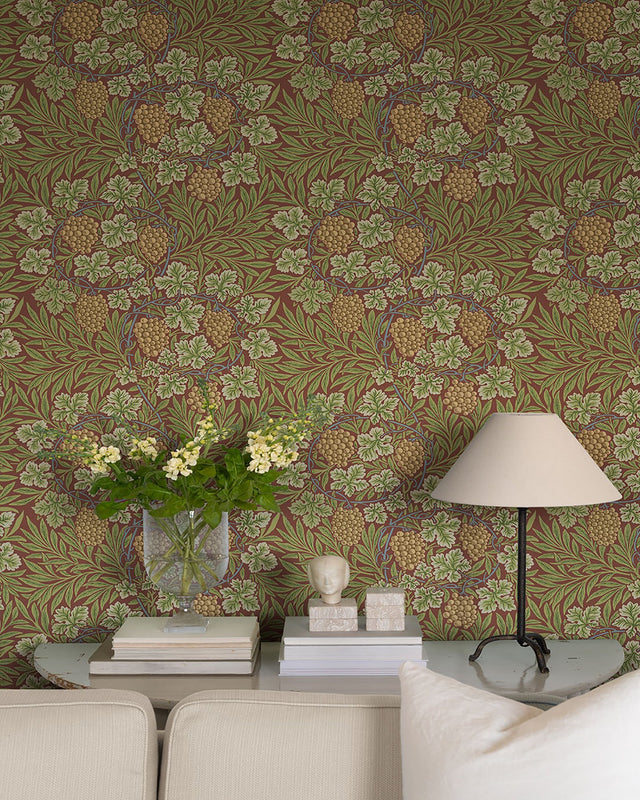Vine Ruby Woodland Fruits Wallpaper with Botanical Traditional Motif - Brewster 4153-82018