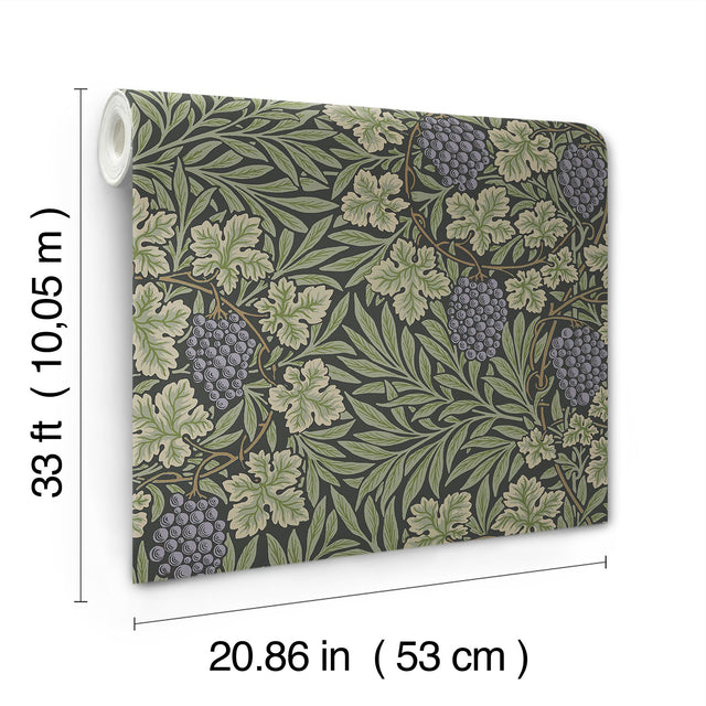 Vine Dark Green Woodland Fruits Wallpaper with Botanical Traditional Pattern - A-Street Prints 4153-82020