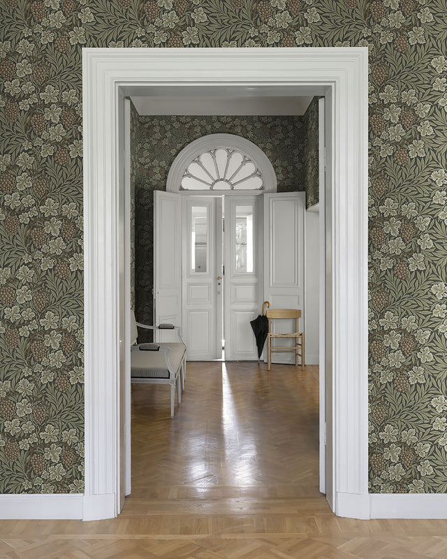 Vine Dark Green Woodland Fruits Wallpaper with Botanical Traditional Pattern - A-Street Prints 4153-82020