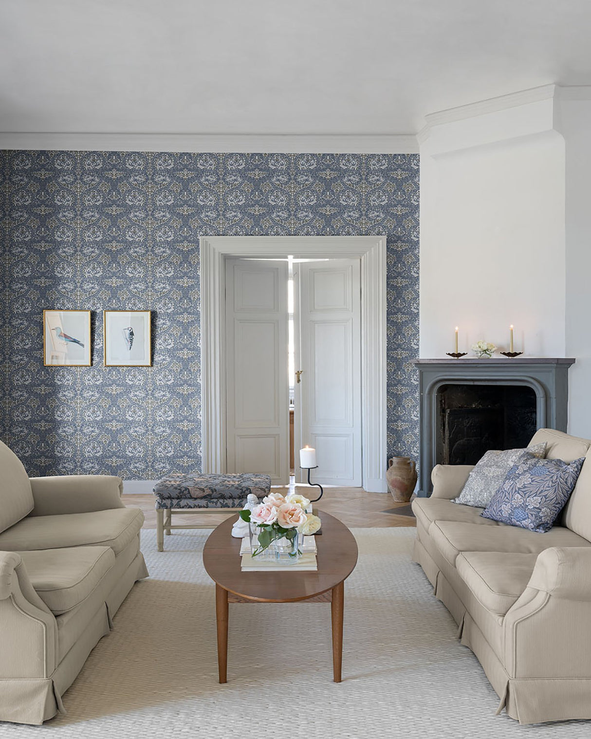 African Marigold Blue Floral Wallpaper with Botanical Traditional Pattern - A-Street Prints 4153-82024