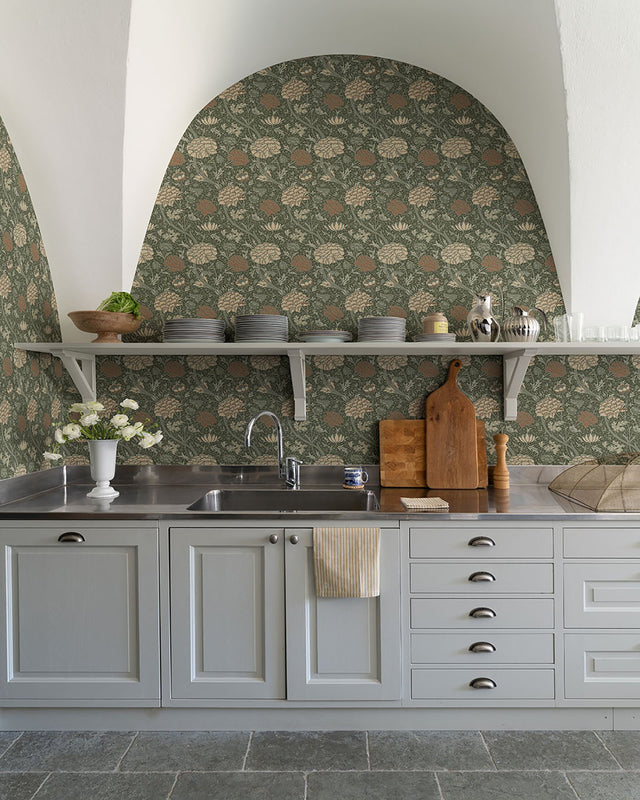 Cray Sea Green Floral Trail Wallpaper with Botanical Flowers Pattern, Traditional Style - A-Street Prints 4153-82035