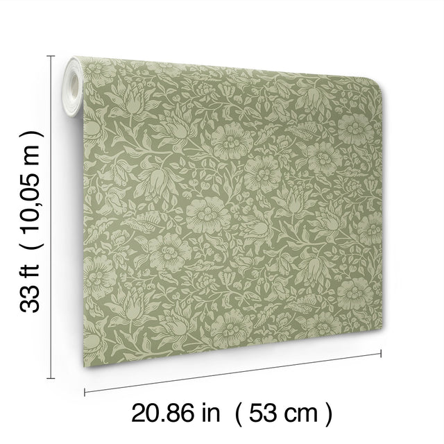 Mallow Green Floral Vine Wallpaper with Botanical Flowers Pattern, Traditional Style - A-Street Prints 4153-82041
