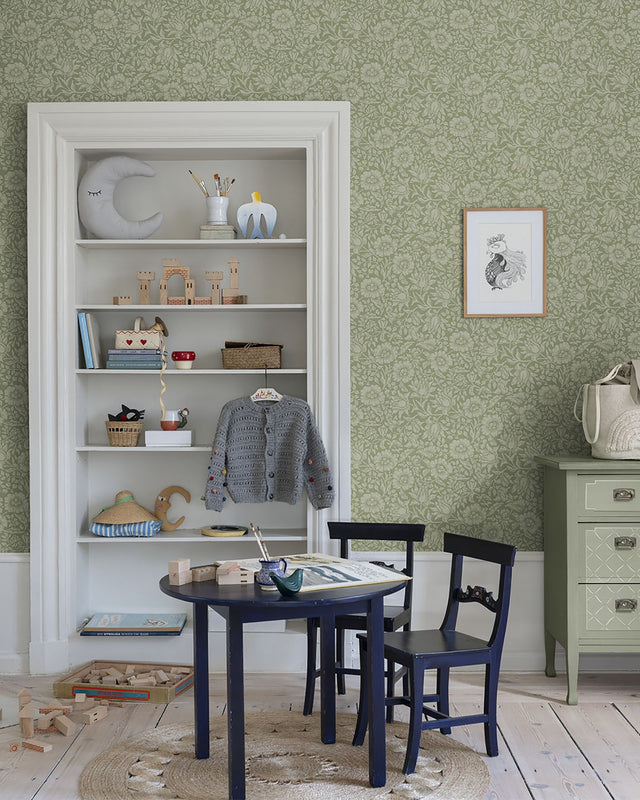 Mallow Green Floral Vine Wallpaper with Botanical Flowers Pattern, Traditional Style - A-Street Prints 4153-82041