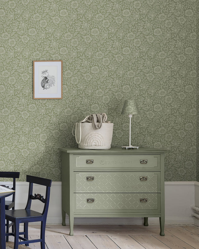 Mallow Green Floral Vine Wallpaper with Botanical Flowers Pattern, Traditional Style - A-Street Prints 4153-82041