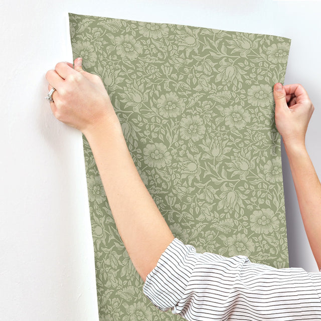 Mallow Green Floral Vine Wallpaper with Botanical Flowers Pattern, Traditional Style - A-Street Prints 4153-82041