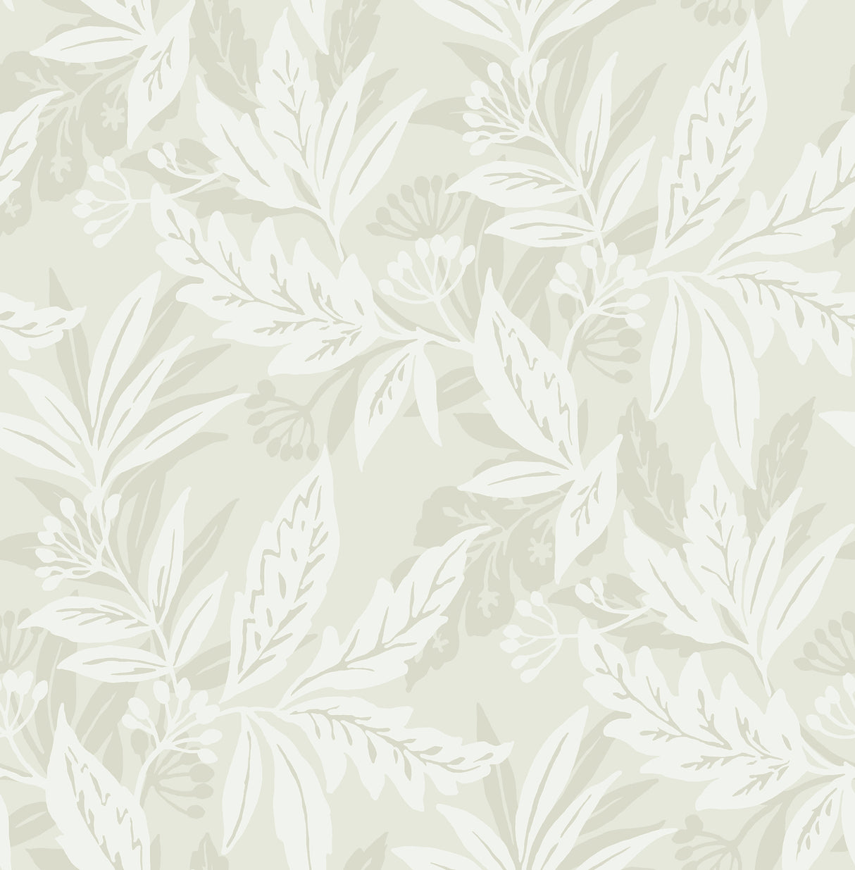 Anita Dove Woodland Floral Wallpaper sample showing pale grey botanical silhouettes with metallic accents.