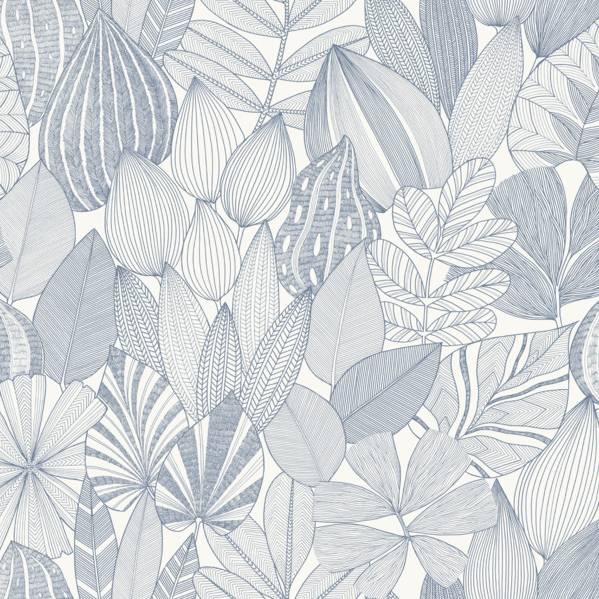 Mathias Blue Botanical Wallpaper by A-Street Prints – pattern detail and room scene
