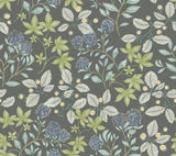 Mildred Charcoal Botanical Trail Wallpaper roll with grey ground and leafy floral motif