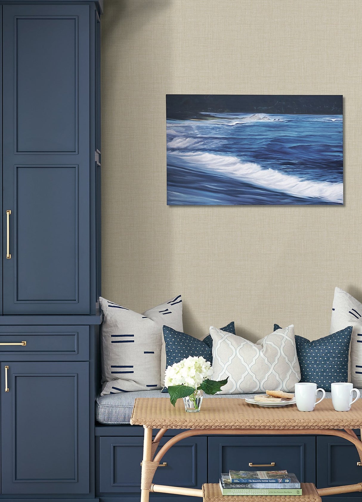 Lanister Cream Texture Wallpaper with Raised Ink Faux Fabric Motif - Advantage 4157-26499