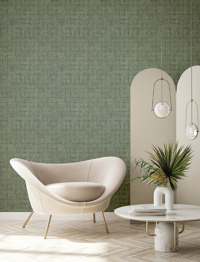 Blocks Sage Checkered Wallpaper with Geometric Textured Raised Ink - Advantage 4157-333454