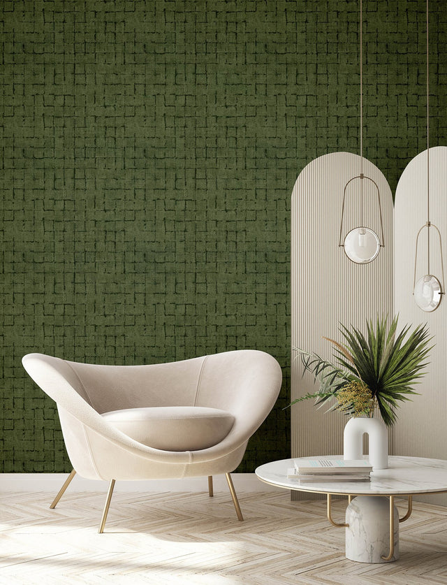 Blocks Olive Checkered Wallpaper with Textured Geometric Grid - Advantage 4157-333455