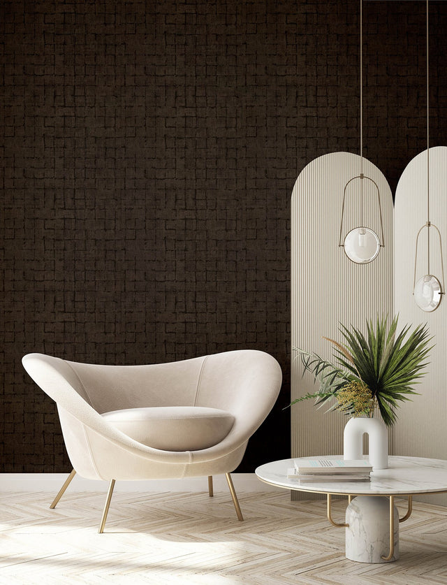 Blocks Chocolate Checkered Wallpaper with Industrial Geometric Pattern, Raised Ink Texture - Advantage 4157-333458