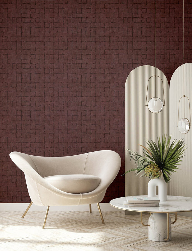 Blocks Burgundy Checkered Wallpaper with Textured Geometric Grid - Advantage 4157-333459