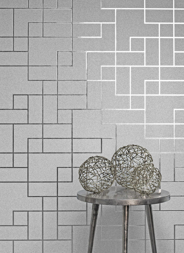 Nova Silver Geometric Wallpaper with Metallic Textured Graphics Pattern - Advantage 4157-42491