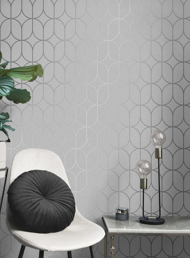 Raye Silver Rosco Trellis Wallpaper with Metallic Geometric Modern Pattern - Advantage 4157-42803SAM