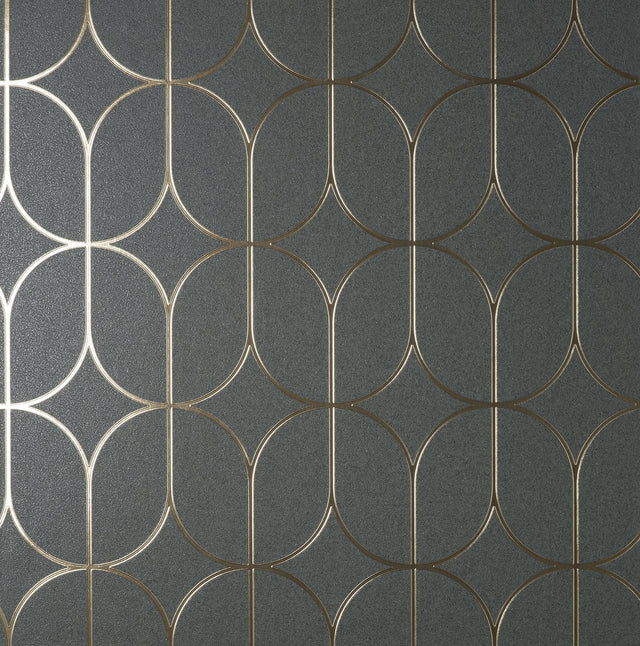 Raye Charcoal Rosco Trellis Wallpaper with Metallic Geometric Motif - Advantage 4157-42804