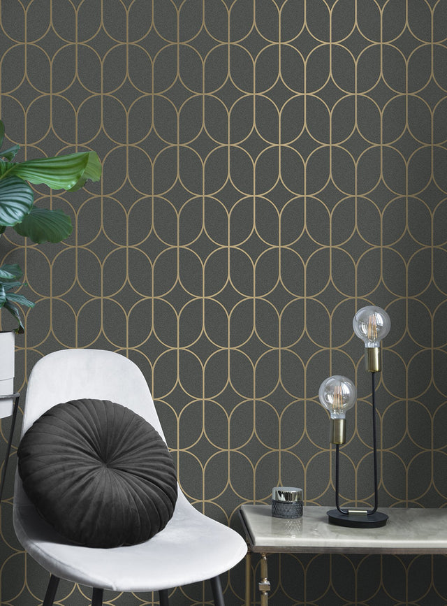 Raye Charcoal Rosco Trellis Wallpaper with Metallic Geometric Motif - Advantage 4157-42804
