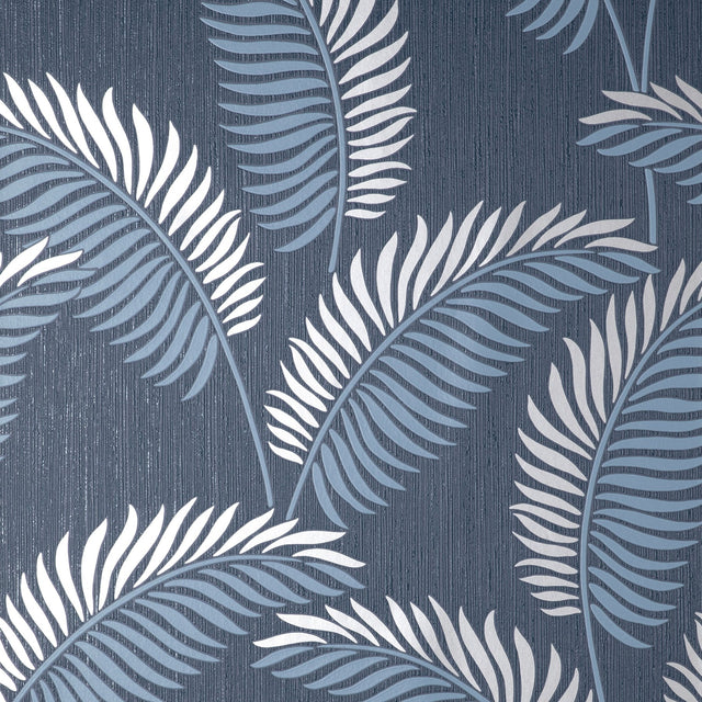 Leaf Navy Tropical Wallpaper with Metallic Textured Palm Leaves - Advantage 4157-42841