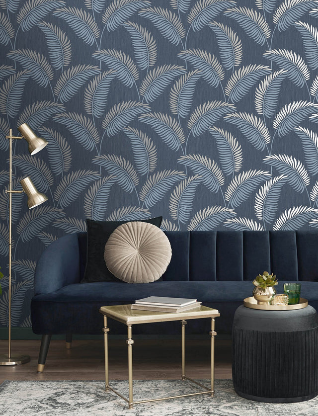 Leaf Navy Tropical Wallpaper with Metallic Textured Palm Leaves - Advantage 4157-42841