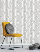 Ezra Platinum Arch Wallpaper with Metallic Textured Geometric Retro Pattern - Advantage 4157-42843