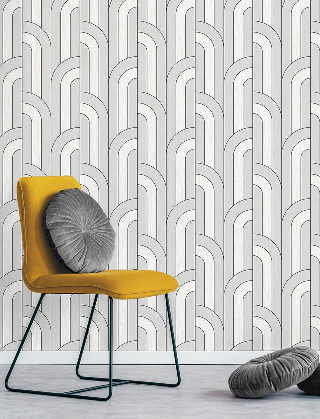 Ezra Platinum Arch Wallpaper with Metallic Textured Geometric Retro Pattern - Advantage 4157-42843