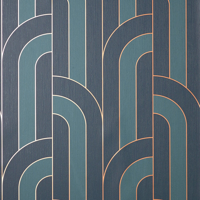 Ezra Blue Arch Wallpaper with Metallic Textured Geometric Retro Pattern - Advantage 4157-42845SAM