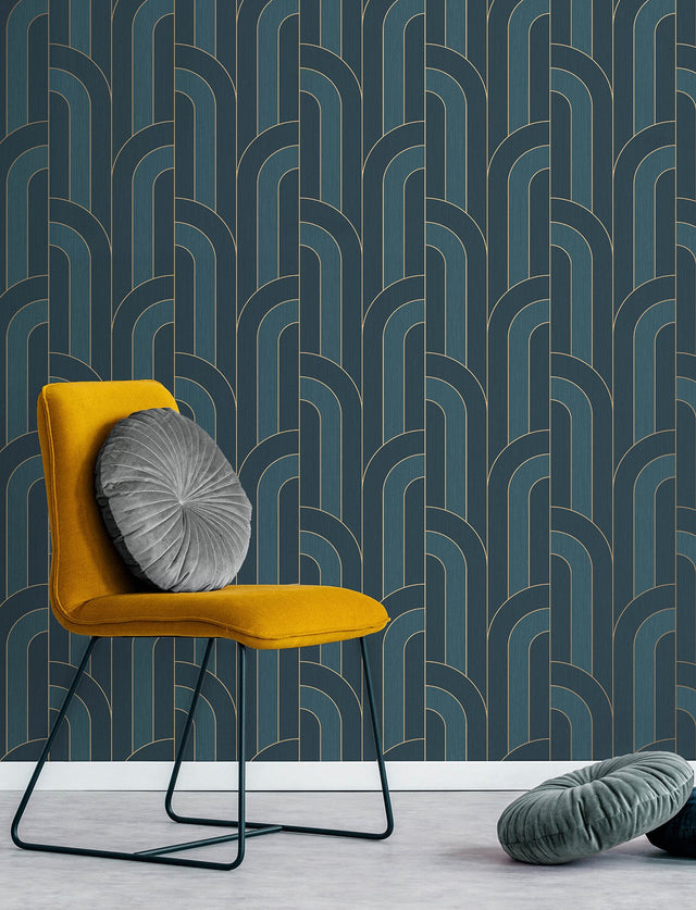 Ezra Blue Arch Wallpaper with Metallic Textured Geometric Retro Pattern - Advantage 4157-42845SAM