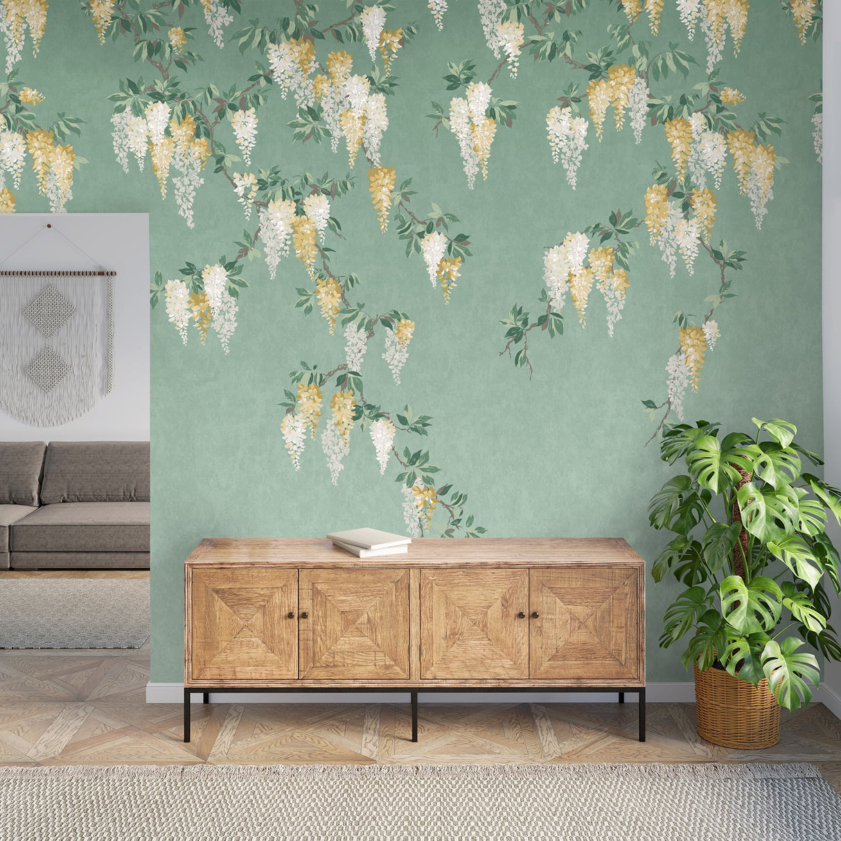 Wisteria Green Wall Mural with Ethereal Floral Ombre- Advantage 4164-50940