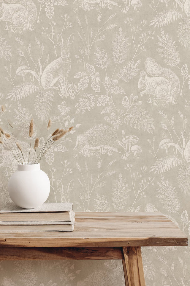 Woodland Light Grey Toile Wallpaper with Whimsical Animals Pattern - Advantage 4164-M1800
