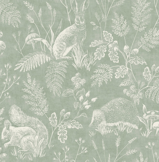 Woodland Green Toile Wallpaper with Whimsical Animals Pattern - Advantage 4164-M1801