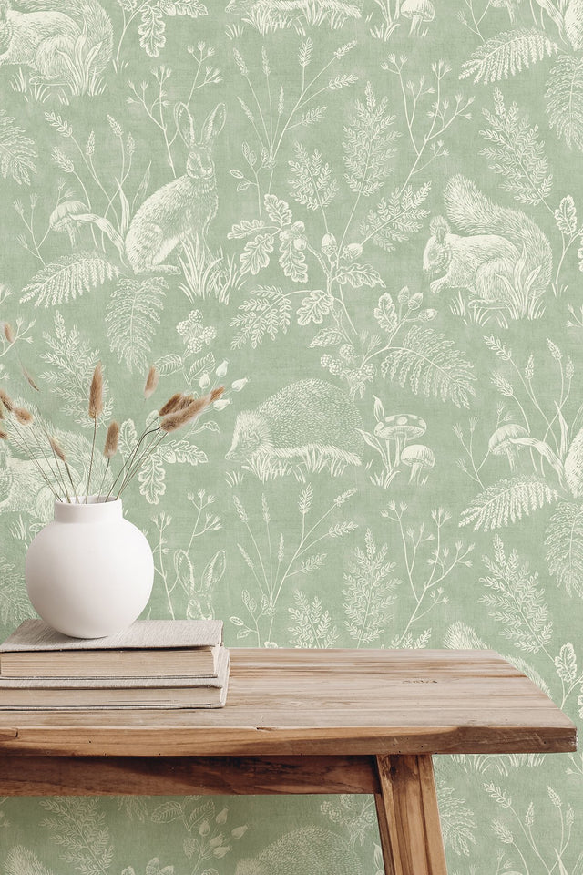 Woodland Green Toile Wallpaper with Whimsical Animals Pattern - Advantage 4164-M1801