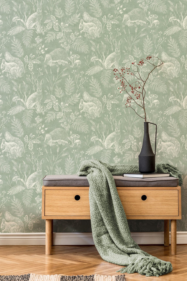 Woodland Green Toile Wallpaper with Whimsical Animals Pattern - Advantage 4164-M1801