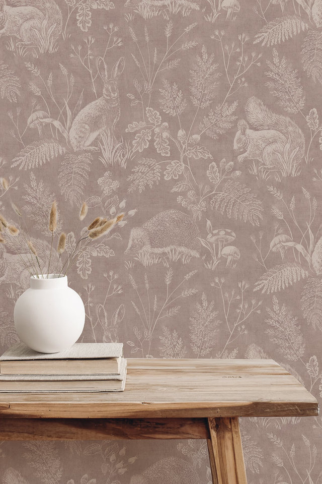 Woodland Mahogany Toile Wallpaper with Whimsical Animals Pattern - Advantage 4164-M1803