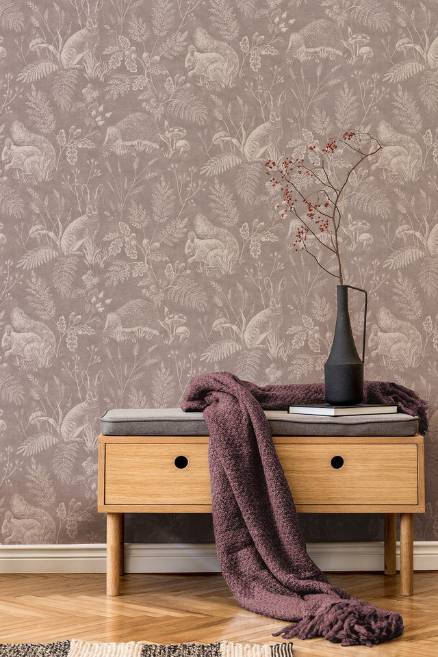 Woodland Mahogany Toile Wallpaper with Whimsical Animals Pattern - Advantage 4164-M1803