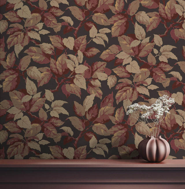 Canopy Burgundy Leaf Wallpaper with Traditional Botanical Leaves Pattern - Advantage 4164-M1805