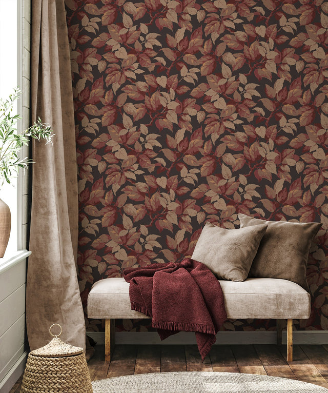 Canopy Burgundy Leaf Wallpaper with Traditional Botanical Leaves Pattern - Advantage 4164-M1805