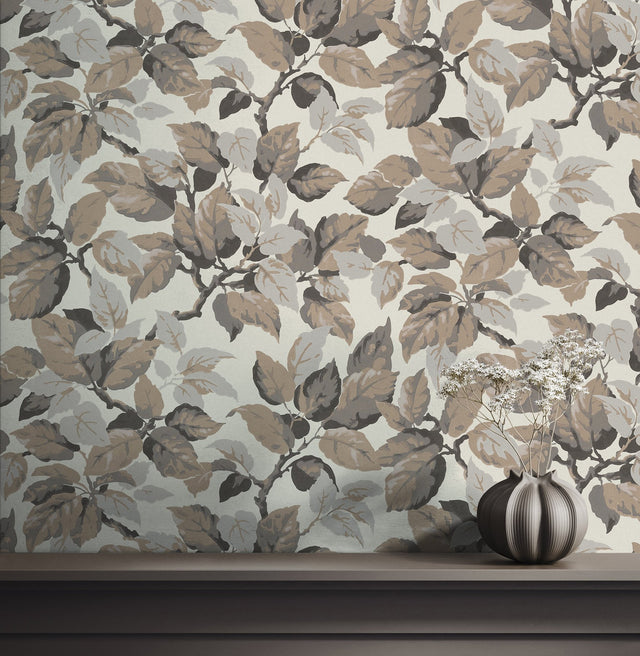 Canopy Beige Leaf Wallpaper with Traditional Botanical Leaves, Textured Non Woven Unpasted - Advantage 4164-M1806
